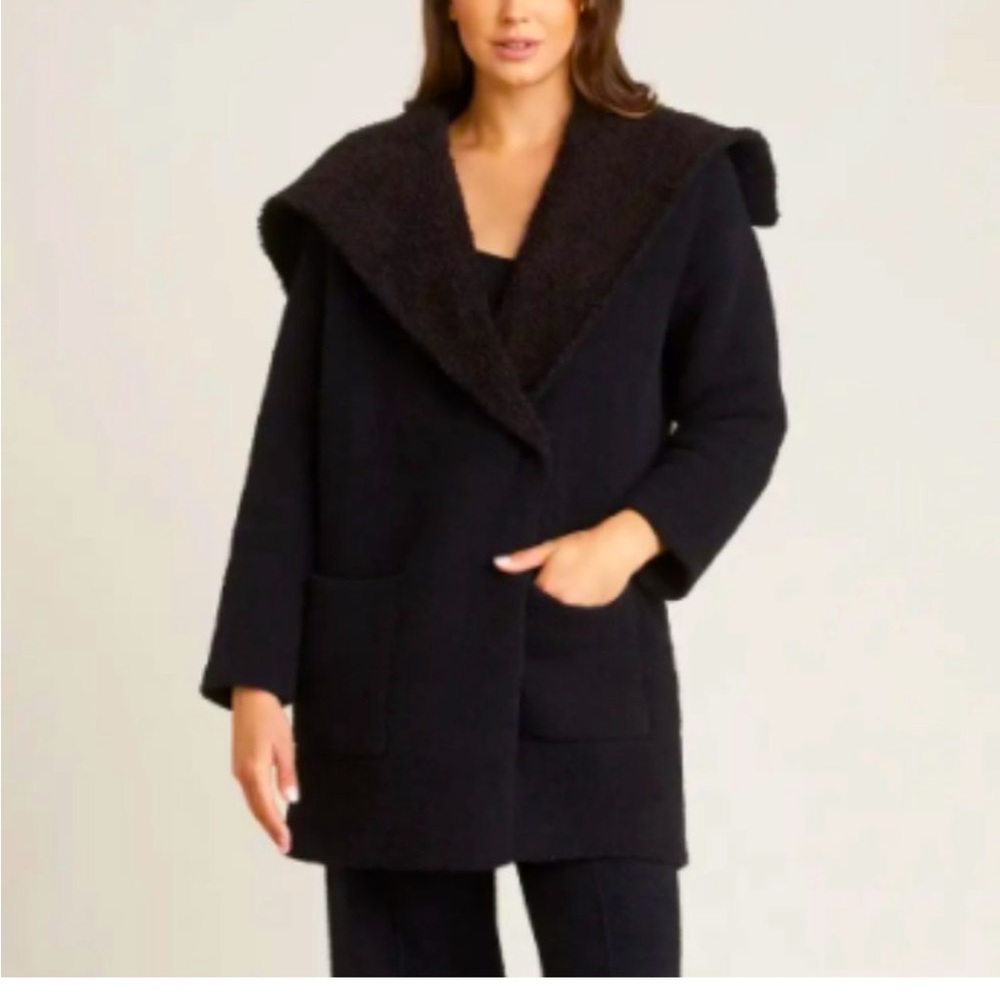 NWT BAREFOOT DREAMS COZYCHIC SHEARLING DRAPE CAR COAT IN BLACK/ESPRESSO